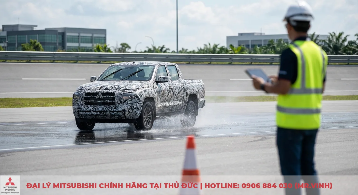 An toàn Triton 2026: Đánh giá tính năng và dự đoán công nghệ 1 Xe bán tải Triton 2026 nguyên mẫu chạy trên đường thử ướt, một kỹ sư an toàn mặc áo phản quang đang theo dõi bằng máy tính bảng