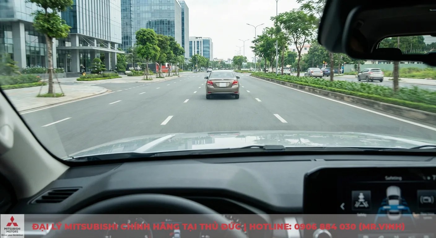 An toàn Triton 2026: Đánh giá tính năng và dự đoán công nghệ 2 Quang cảnh từ ghế lái nhìn ra đường phố đô thị với xe phía trước, tòa nhà và màn hình hiển thị hệ thống an toàn ADAS