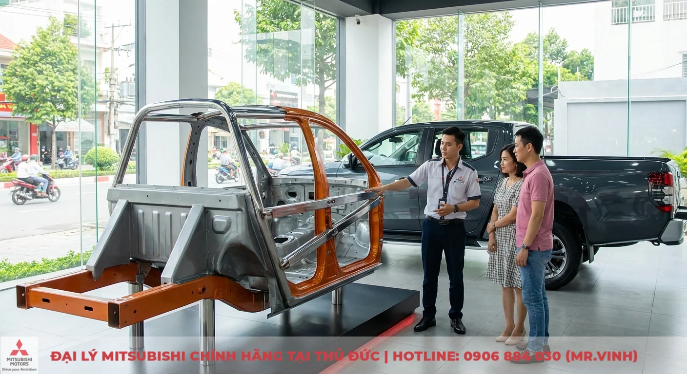 An toàn Triton 2026: Đánh giá tính năng và dự đoán công nghệ 3 Cấu trúc thân xe và khung gầm của xe bán tải trưng bày trong showroom, nhân viên đang giải thích cho cặp đôi khách hàng
