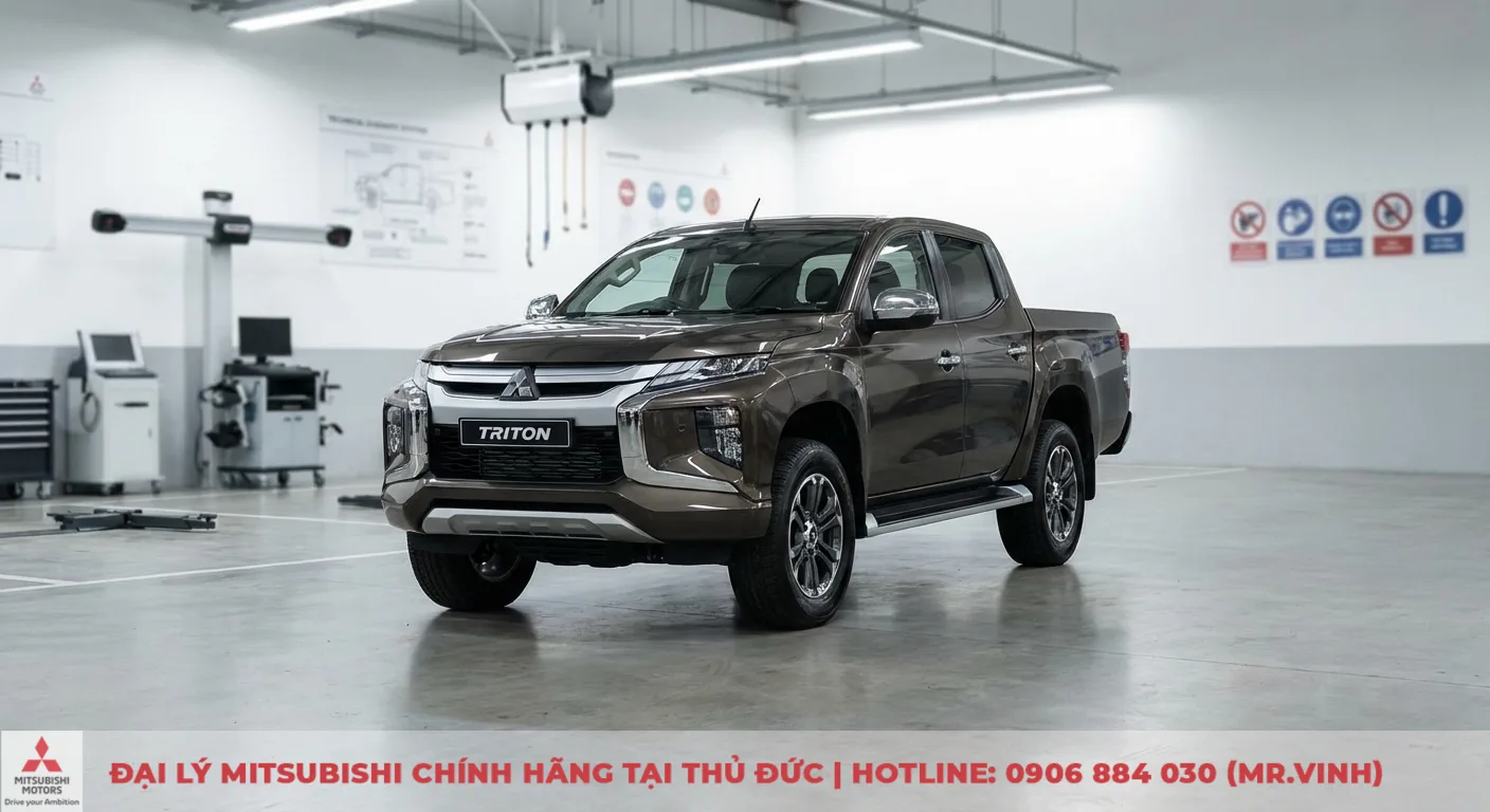 An toàn Triton 2026: Đánh giá tính năng và dự đoán công nghệ 4 Xe bán tải Mitsubishi Triton màu nâu bóng loáng đỗ trong garage hiện đại, chữ TRITON trên lưới tản nhiệt cùng các thiết bị kiểm tra xe