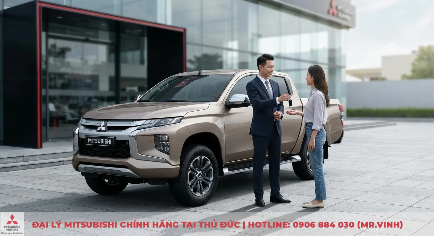 An toàn Triton 2026: Đánh giá tính năng và dự đoán công nghệ 5 Xe bán tải Mitsubishi Triton màu vàng đồng đậu trước đại lý, nhân viên trao chìa khóa cho khách hàng