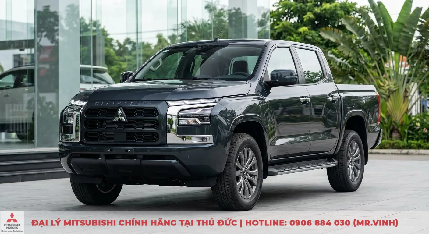Hình ảnh Triton 2026 rò rỉ: Thiết kế, thông số & công nghệ mới nhất 1 Xe bán tải Mitsubishi Triton thế hệ mới màu xám đậm với thiết kế Dynamic Shield, lưới tản nhiệt lớn, đèn LED sắc sảo và cản trước vuông vức, đỗ ngoài trời