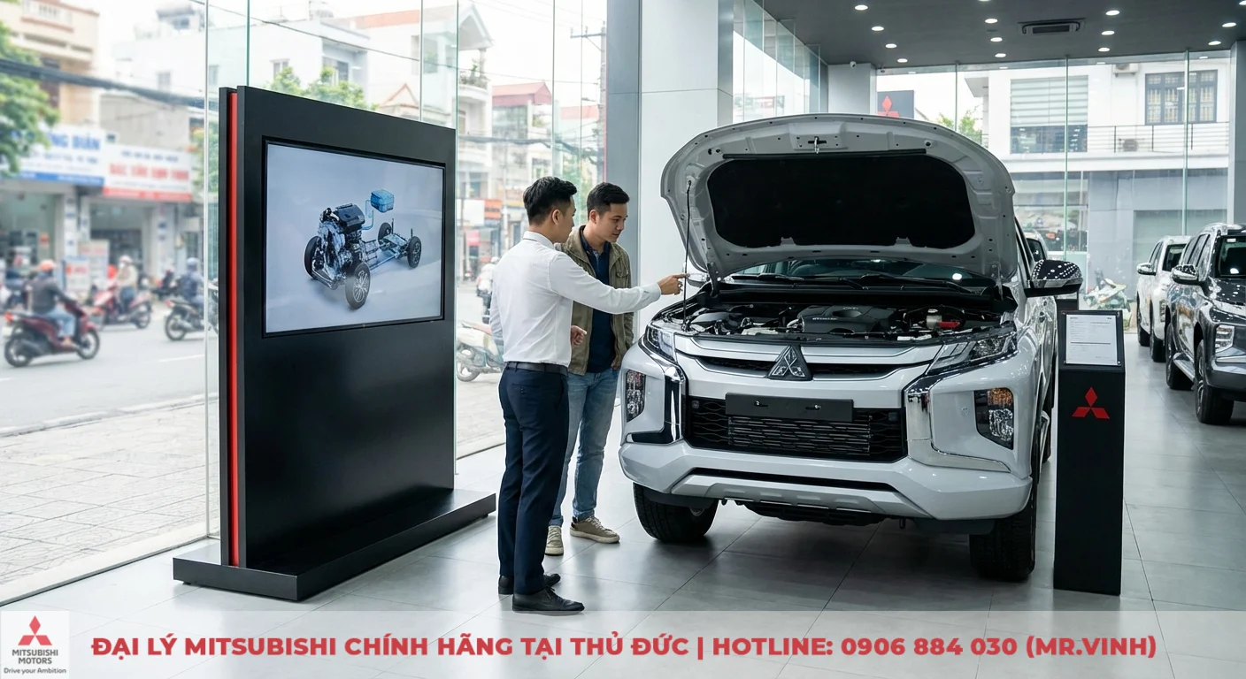 Hình ảnh Triton 2026 rò rỉ: Thiết kế, thông số & công nghệ mới nhất 2 Trong showroom, nhân viên chỉ động cơ Mitsubishi Triton trắng mở mui cho khách, màn hình hiện khung gầm xe với hệ thống hybrid