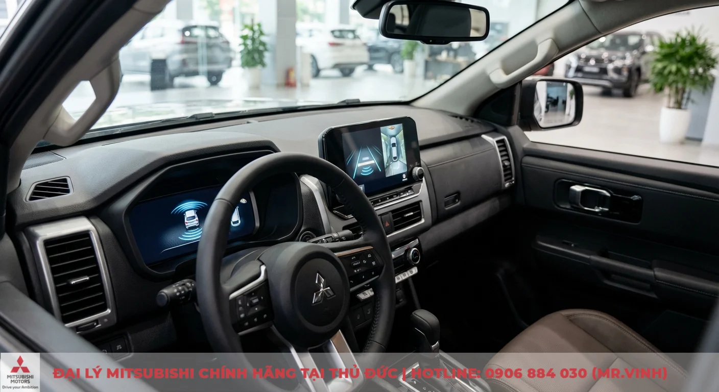 Hình ảnh Triton 2026 rò rỉ: Thiết kế, thông số & công nghệ mới nhất 3 Nội thất xe Mitsubishi với vô lăng, màn hình giải trí trung tâm hiển thị camera 360 độ và màn hình kỹ thuật số cảnh báo va chạm