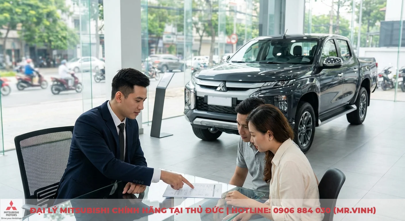 Hình ảnh Triton 2026 rò rỉ: Thiết kế, thông số & công nghệ mới nhất 4 Đại diện bán hàng tư vấn khách hàng xem hợp đồng tại bàn kính trong showroom, cạnh xe bán tải Mitsubishi Triton