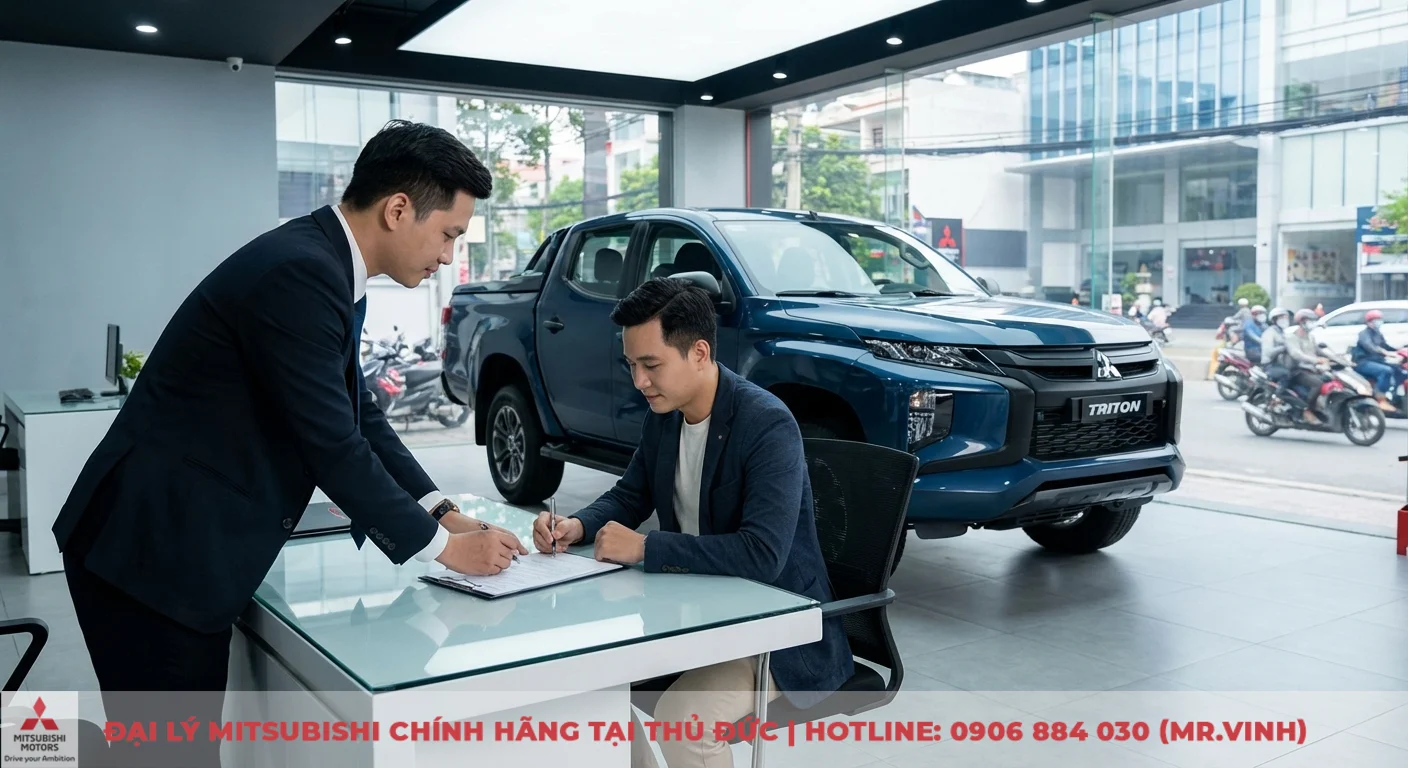 Hình ảnh Triton 2026 rò rỉ: Thiết kế, thông số & công nghệ mới nhất 5 Hai người đàn ông đang ký tài liệu trên bàn trong showroom trưng bày xe Mitsubishi Triton màu xanh, với đường phố nhộn nhịp bên ngoài