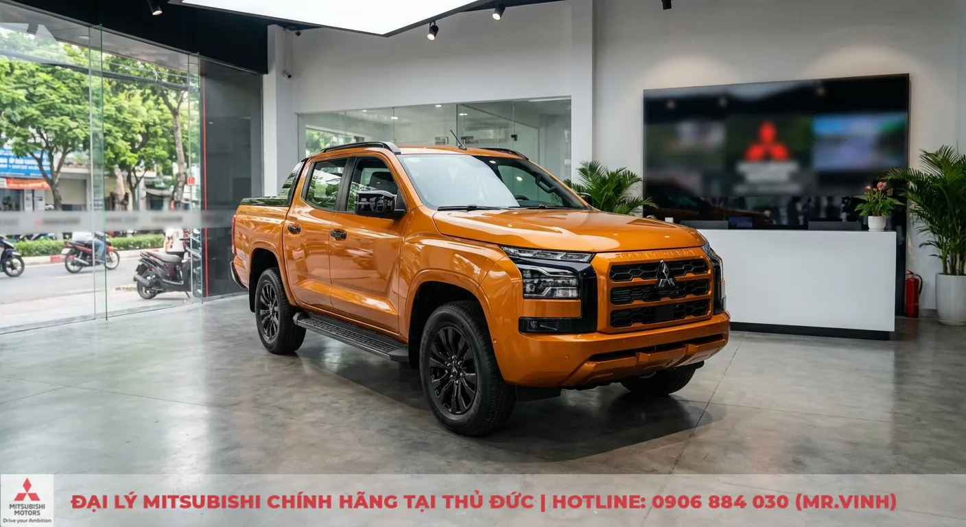 Màu xe Triton 2026: Dự đoán, cập nhật và tùy chọn nổi bật 4 Xe bán tải Mitsubishi Triton Athlete 2026 màu cam ánh kim trưng bày trong showroom. Xe có bánh và phụ kiện đen, phía sau là cửa kính nhìn ra đường