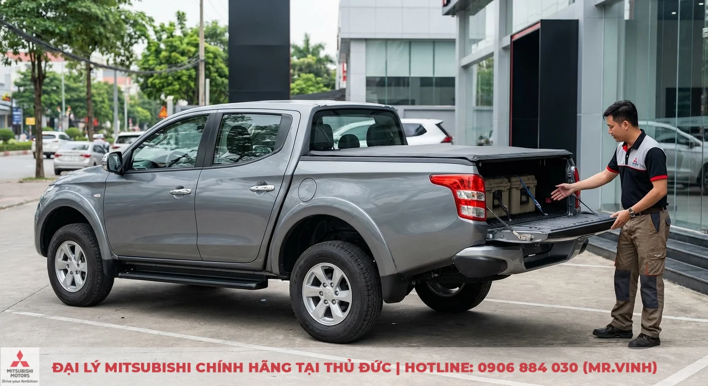 Đánh giá ngoại thất Triton 2026: Lột xác thiết kế với vẻ ngoài mạnh mẽ 1 Xe bán tải Mitsubishi Triton màu xám với vòm bánh xe mở rộng, người đàn ông mở nắp thùng bán tải kiểm tra hàng