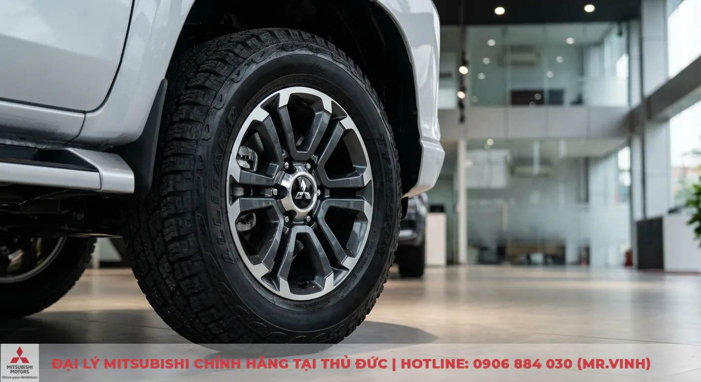 Đánh giá ngoại thất Triton 2026: Lột xác thiết kế với vẻ ngoài mạnh mẽ 2 Bánh xe và lốp đa địa hình của xe bán tải Mitsubishi Triton màu bạc, mâm hợp kim đa chấu có logo Mitsubishi