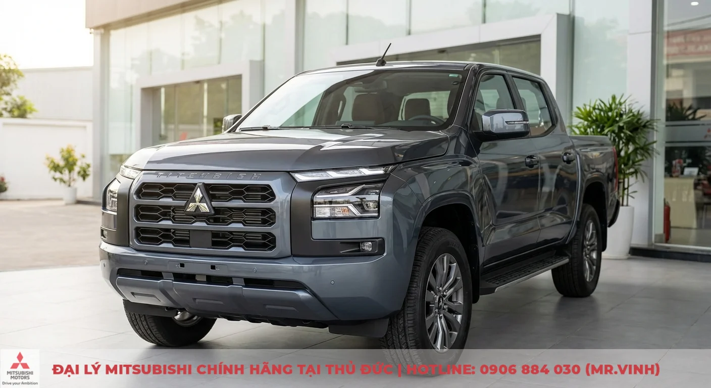 Đánh giá ngoại thất Triton 2026: Lột xác thiết kế với vẻ ngoài mạnh mẽ 3 Xe bán tải Mitsubishi Triton màu xám đậm đỗ trước tòa nhà kính, với lưới tản nhiệt lớn, đèn pha LED và các cảm biến phía trước