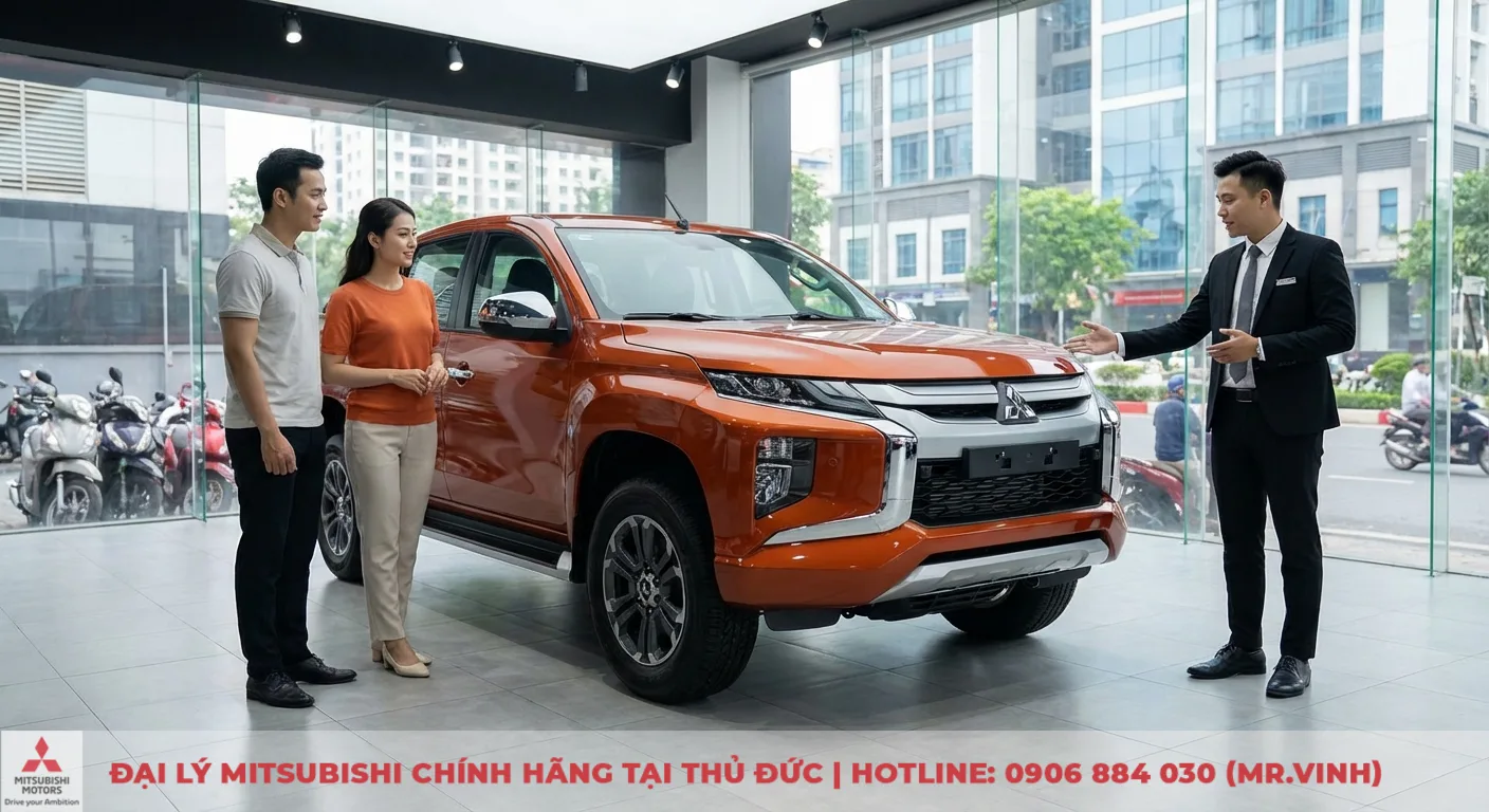 Đánh giá ngoại thất Triton 2026: Lột xác thiết kế với vẻ ngoài mạnh mẽ 4 Nội thất showroom với xe bán tải Mitsubishi Triton màu cam, nhân viên bán hàng đang giới thiệu cho cặp khách hàng nam nữ