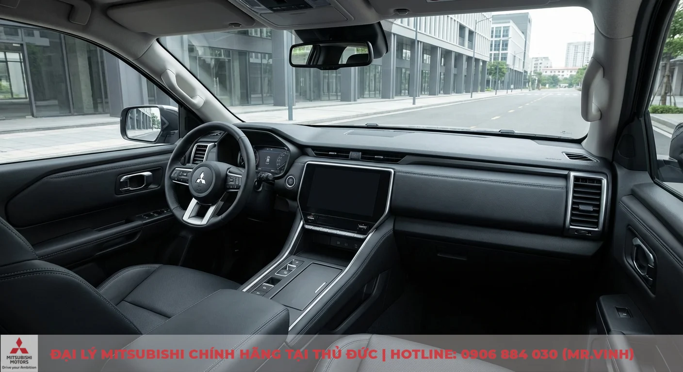 Nội thất Triton 2026: Đánh giá chi tiết thiết kế, công nghệ & tiện nghi 1 Nội thất xe Mitsubishi Triton 2026 màu đen với vô lăng, màn hình cảm ứng trung tâm, bảng điều khiển và ghế da cao cấp nhìn từ ghế lái