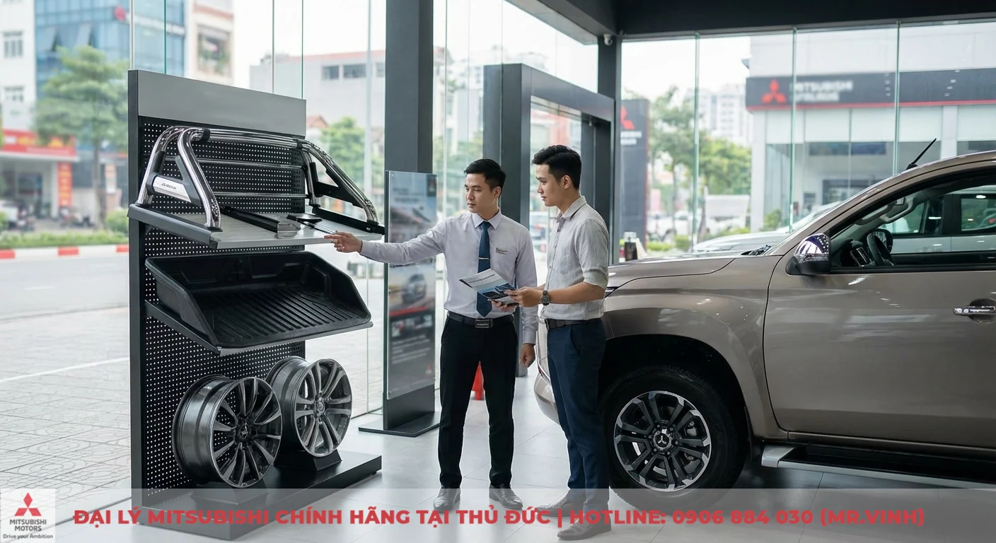 Phụ kiện Triton 2026: Đánh giá chi tiết & tương thích mẫu mới 1 Nhân viên bán hàng chỉ phụ kiện xe trên kệ trưng bày cho khách hàng, cạnh chiếc bán tải Mitsubishi Triton màu nâu trong showroom