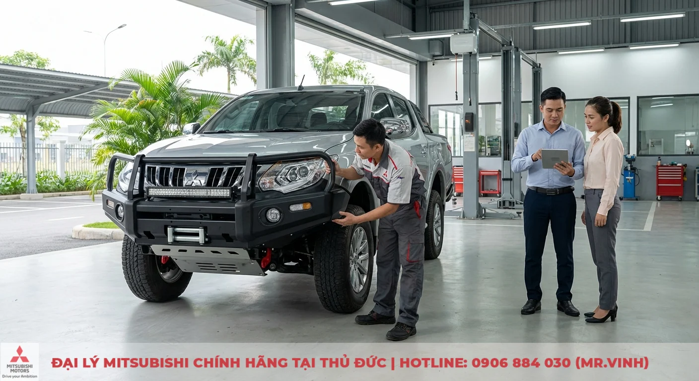 Phụ kiện Triton 2026: Đánh giá chi tiết & tương thích mẫu mới 2 Xe bán tải Mitsubishi Triton màu bạc có cản sắt trước, đèn LED và tời, kỹ thuật viên đang kiểm tra, khách hàng xem máy tính bảng tại xưởng dịch vụ