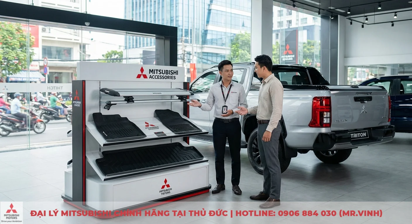 Phụ kiện Triton 2026: Đánh giá chi tiết & tương thích mẫu mới 3 Showroom Mitsubishi trưng bày phụ kiện chính hãng, với hai người đàn ông xem thảm sàn, giá nóc và xe Triton