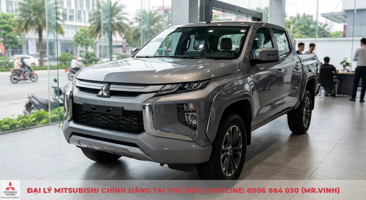 Thông số Triton 2026: Cập nhật chi tiết kích thước, động cơ & tải trọng 1 Chiếc bán tải Mitsubishi Triton màu xám bạc với thiết kế Dynamic Shield mạnh mẽ, đèn LED sắc sảo, đang trưng bày trong showroom