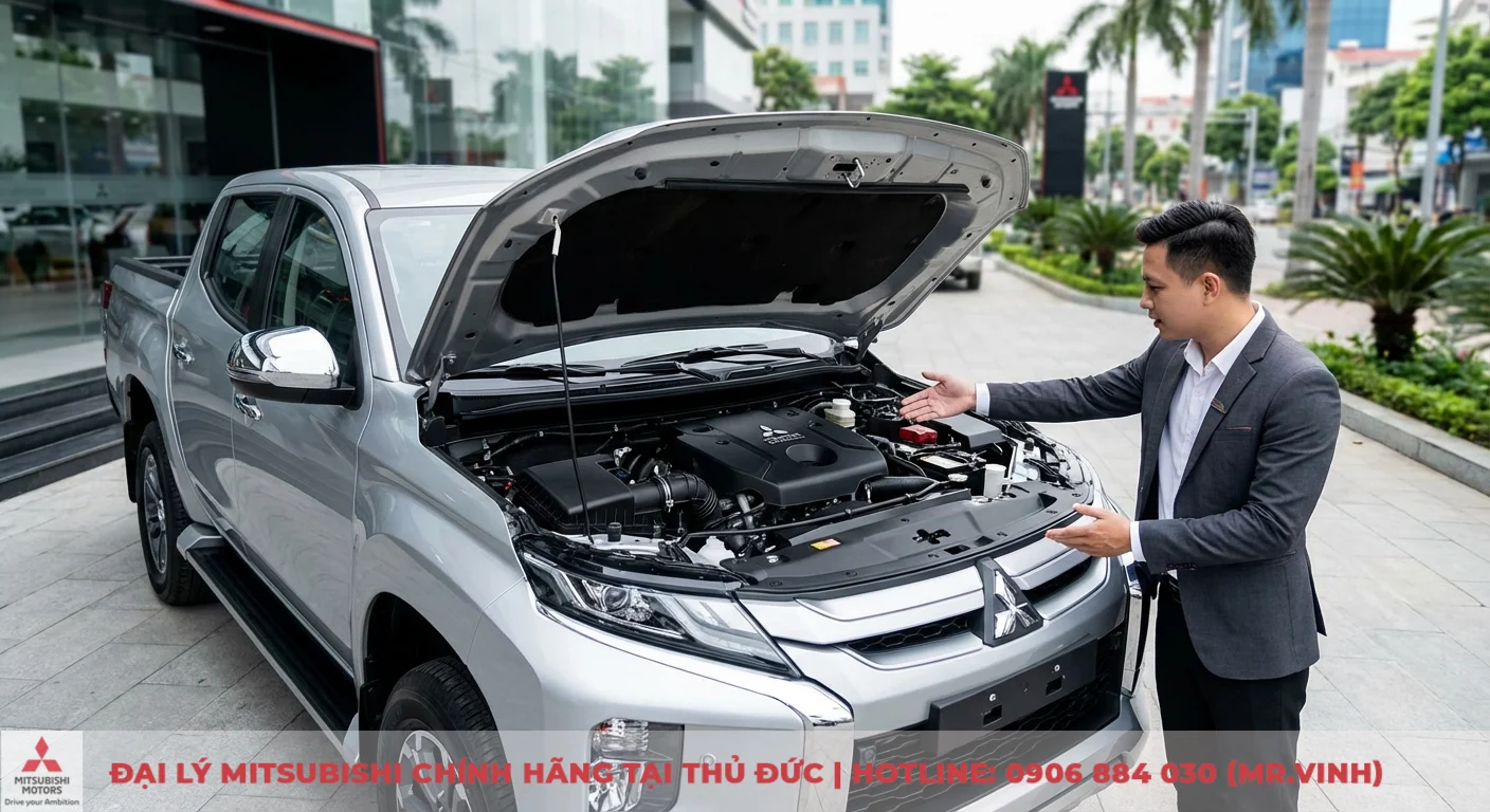 Thông số Triton 2026: Cập nhật chi tiết kích thước, động cơ & tải trọng 2 Xe bán tải Mitsubishi Triton màu bạc có nắp capo mở, người đàn ông mặc vest chỉ vào chi tiết động cơ