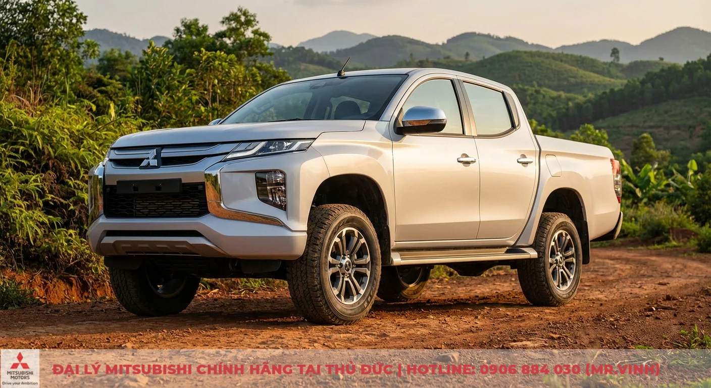 Thông số Triton 2026: Cập nhật chi tiết kích thước, động cơ & tải trọng 3 Xe bán tải Mitsubishi Triton màu bạc trên đường đất với khung gầm cao và lốp địa hình thể hiện khả năng vận hành tốt