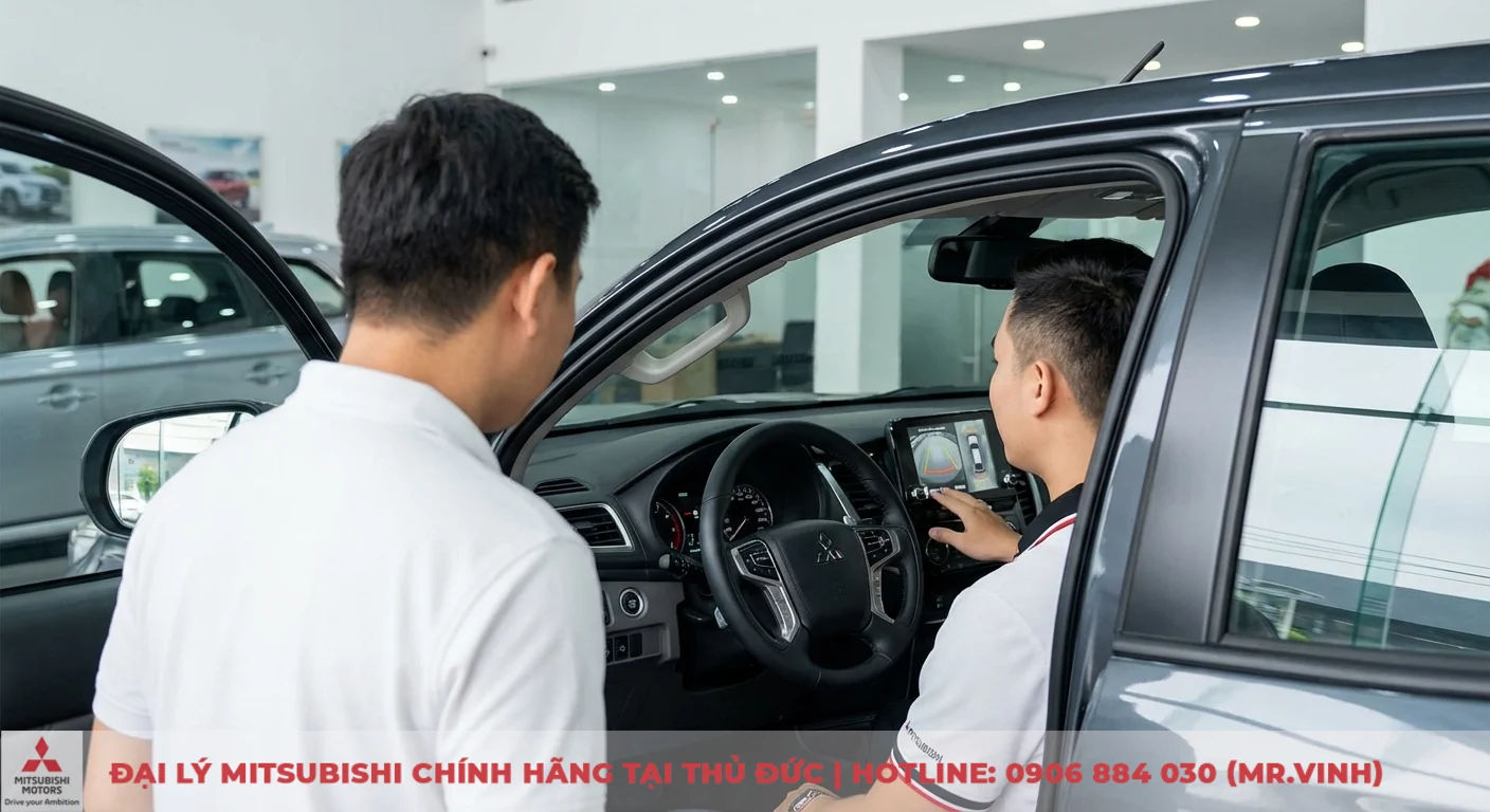 Thông số Triton 2026: Cập nhật chi tiết kích thước, động cơ & tải trọng 4 Hai người đàn ông xem xét nội thất ô tô Mitsubishi trong showroom, một người chạm màn hình hiển thị hệ thống camera 360 độ