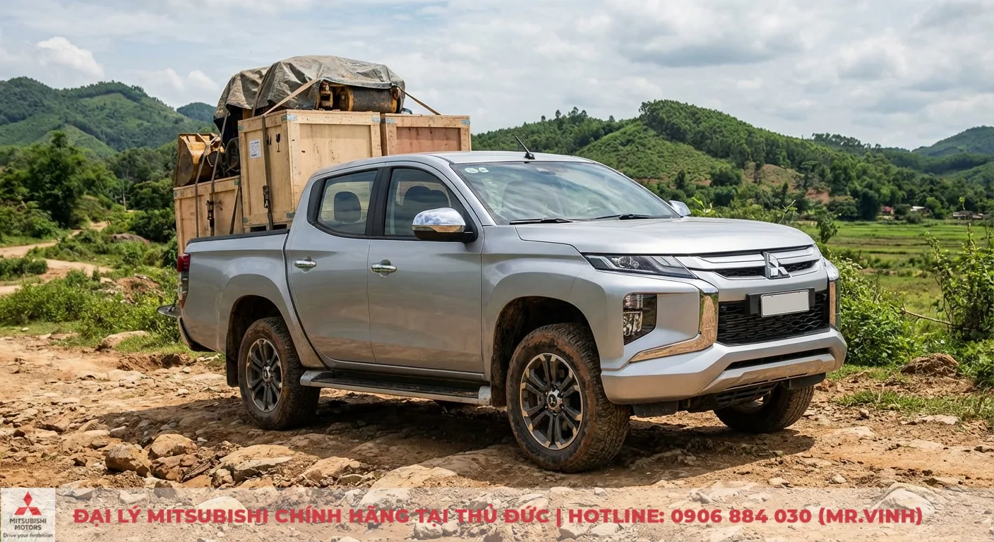 Thông số Triton 2026: Cập nhật chi tiết kích thước, động cơ & tải trọng 5 Xe bán tải Mitsubishi Triton màu bạc chở hàng hóa thùng gỗ trên đường đất đá gồ ghề, cảnh đồi núi xanh tươi