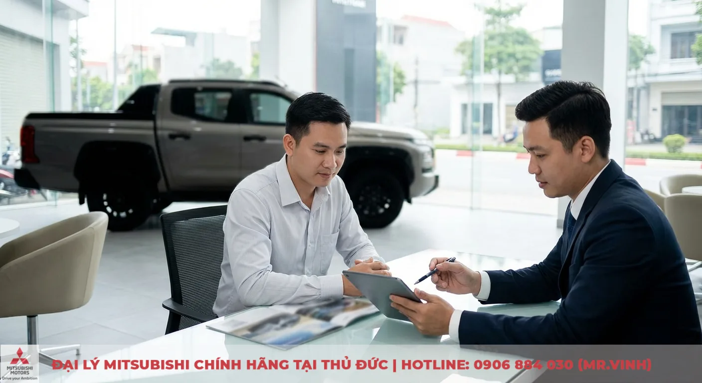 Thông số Triton 2026: Cập nhật chi tiết kích thước, động cơ & tải trọng 6 Hai người đàn ông ngồi bàn trong đại lý ô tô, một người giới thiệu thông tin trên máy tính bảng cho khách, xe bán tải Mitsubishi Triton phía sau