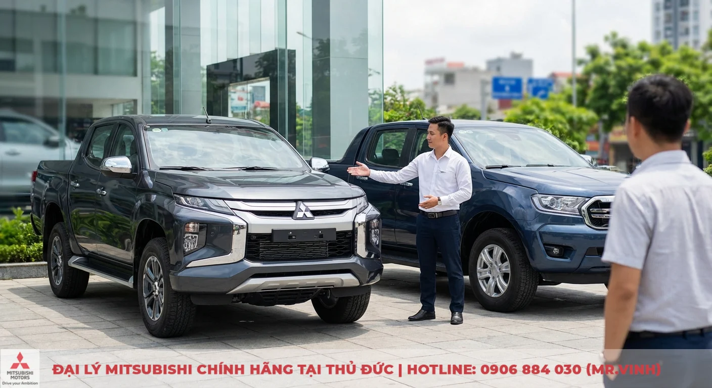 Thông số Triton 2026: Cập nhật chi tiết kích thước, động cơ & tải trọng 7 Hai xe bán tải Mitsubishi Triton màu xám và Ford Ranger màu xanh cạnh nhau, nhân viên đang giới thiệu cho khách hàng