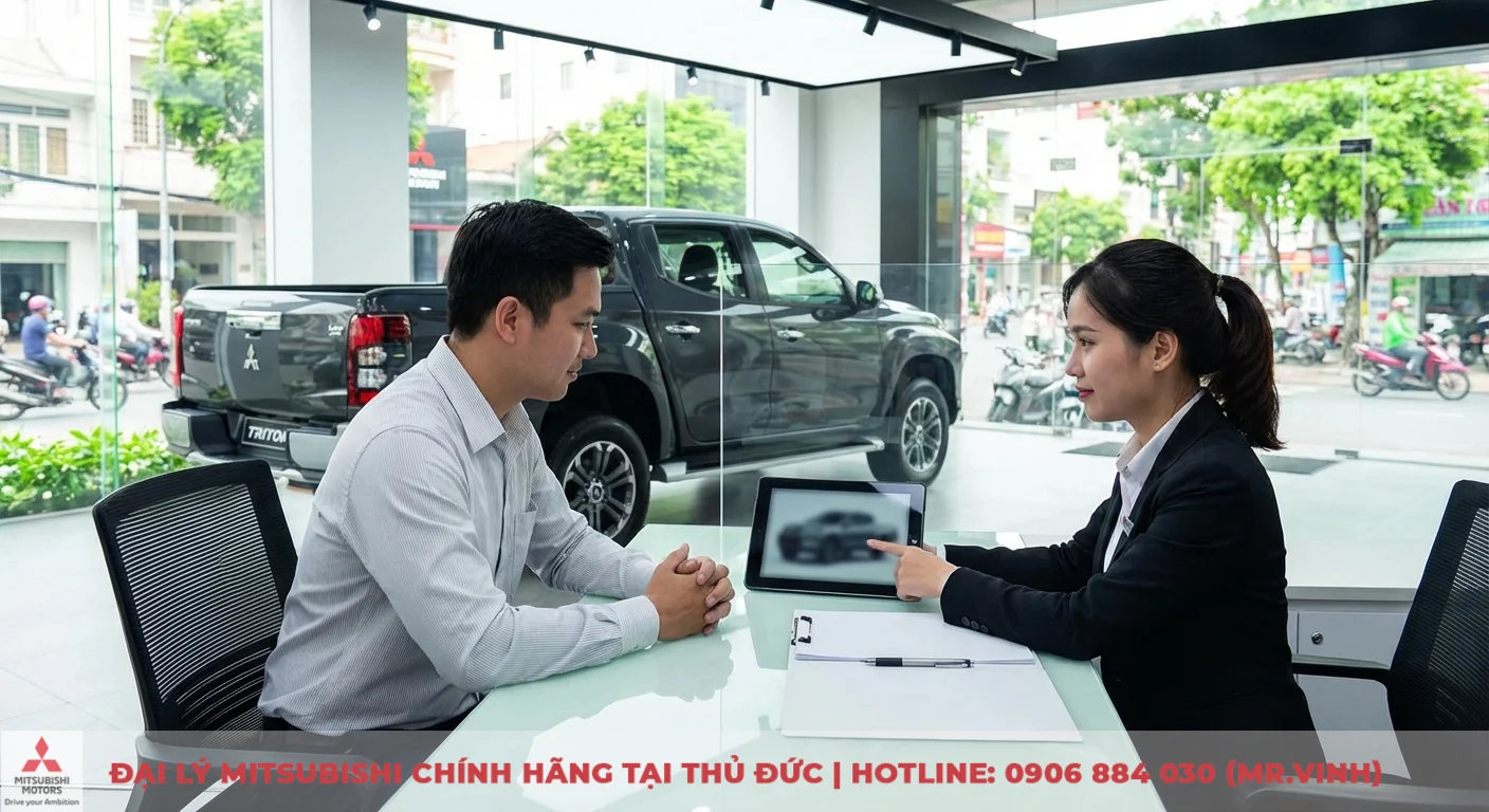 Thông số Triton 2026: Cập nhật chi tiết kích thước, động cơ & tải trọng 8 Khách hàng và nhân viên tư vấn tại showroom Mitsubishi, đang xem xe bán tải Triton trên tablet với chiếc xe thật phía sau