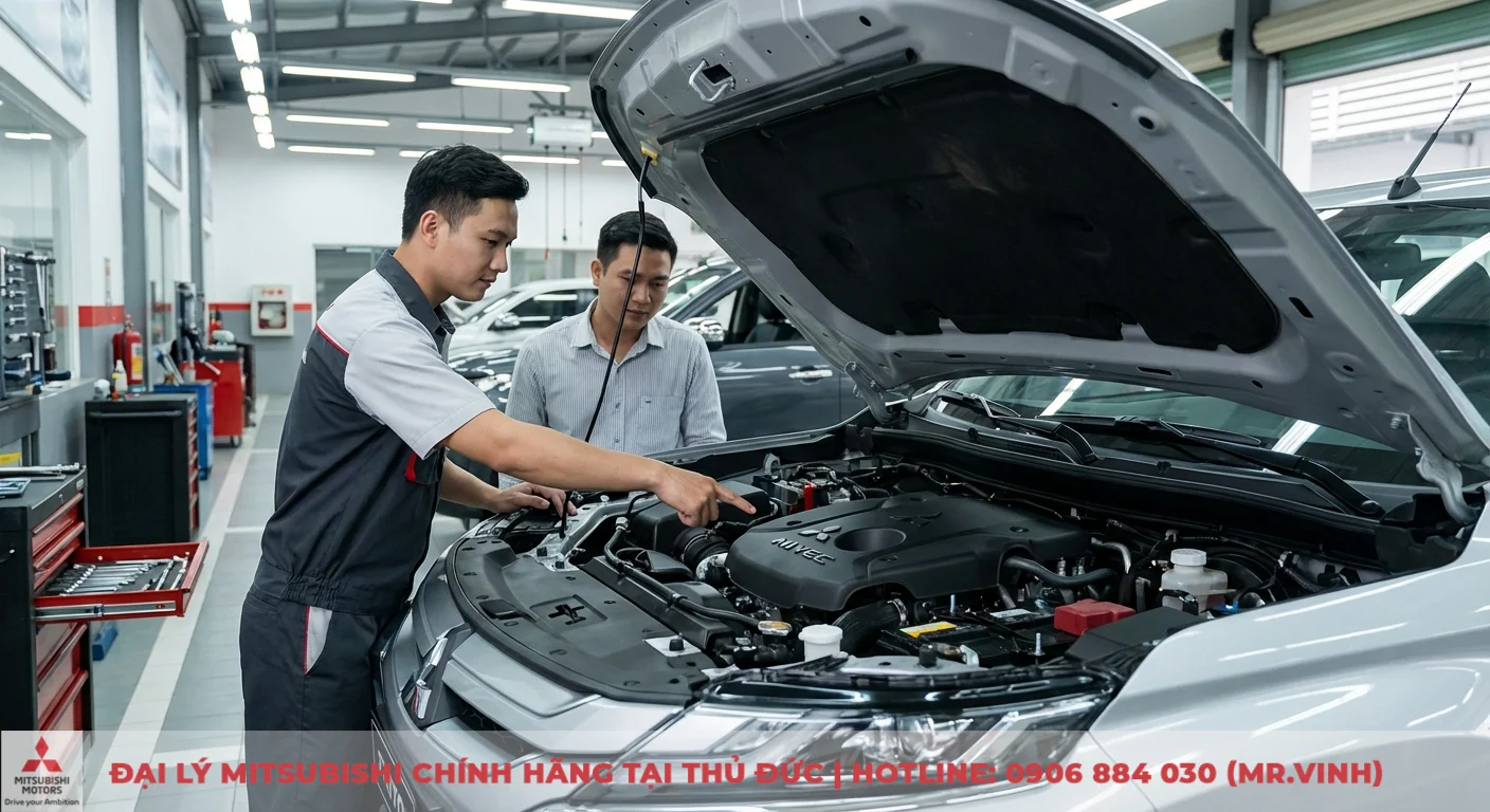 Hướng dẫn vận hành Triton 2026: Khám phá động cơ MIVEC & 4x4 1 Hai người đàn ông kiểm tra động cơ MIVEC của xe Triton màu bạc trong xưởng sửa chữa, thợ máy đang giải thích