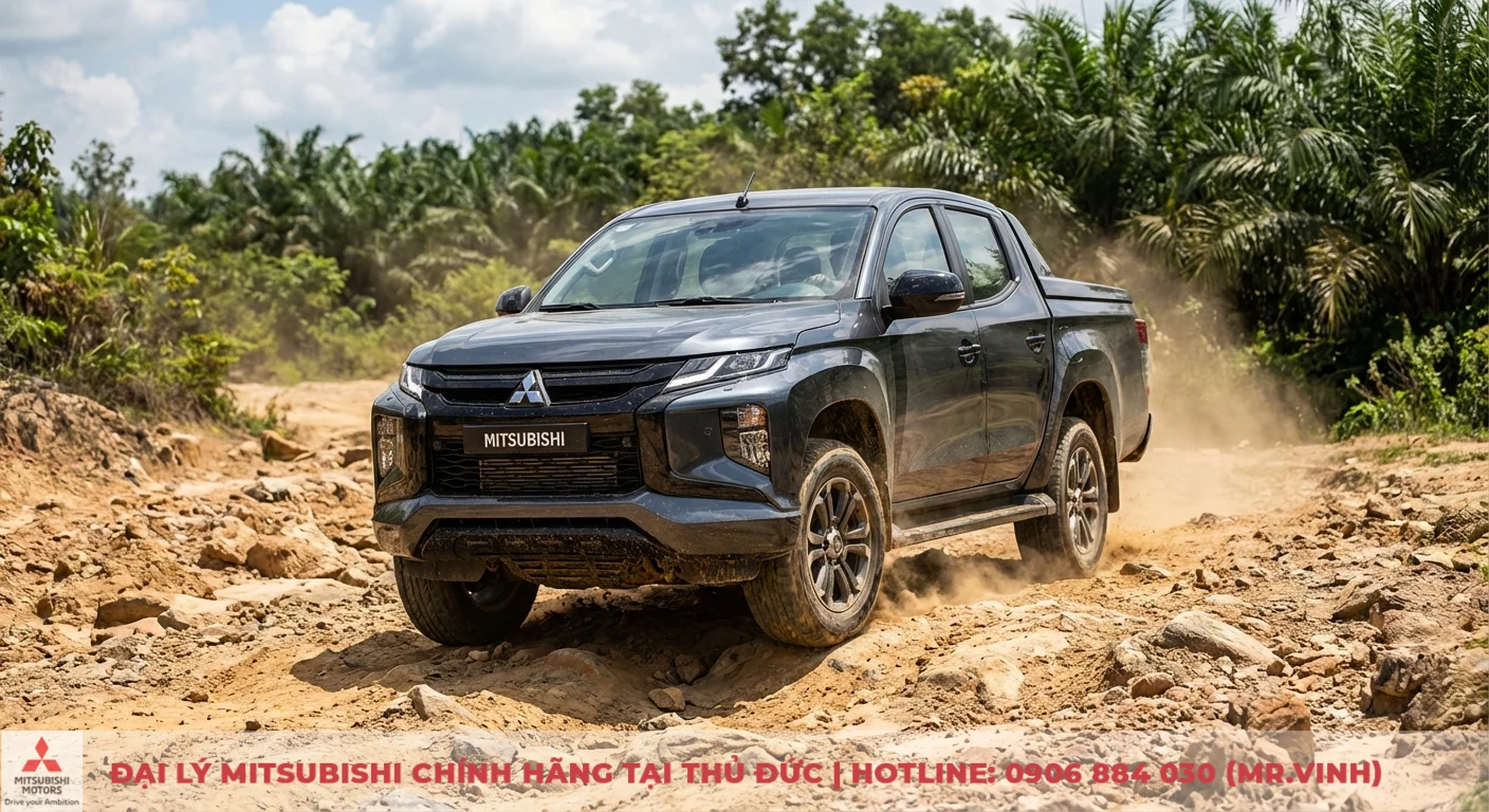 Hướng dẫn vận hành Triton 2026: Khám phá động cơ MIVEC & 4x4 2 Xe bán tải Mitsubishi Triton Athlete 4x4 màu xám đang chạy trên đường đất đá gồ ghề, bụi bay mù mịt giữa rừng cây