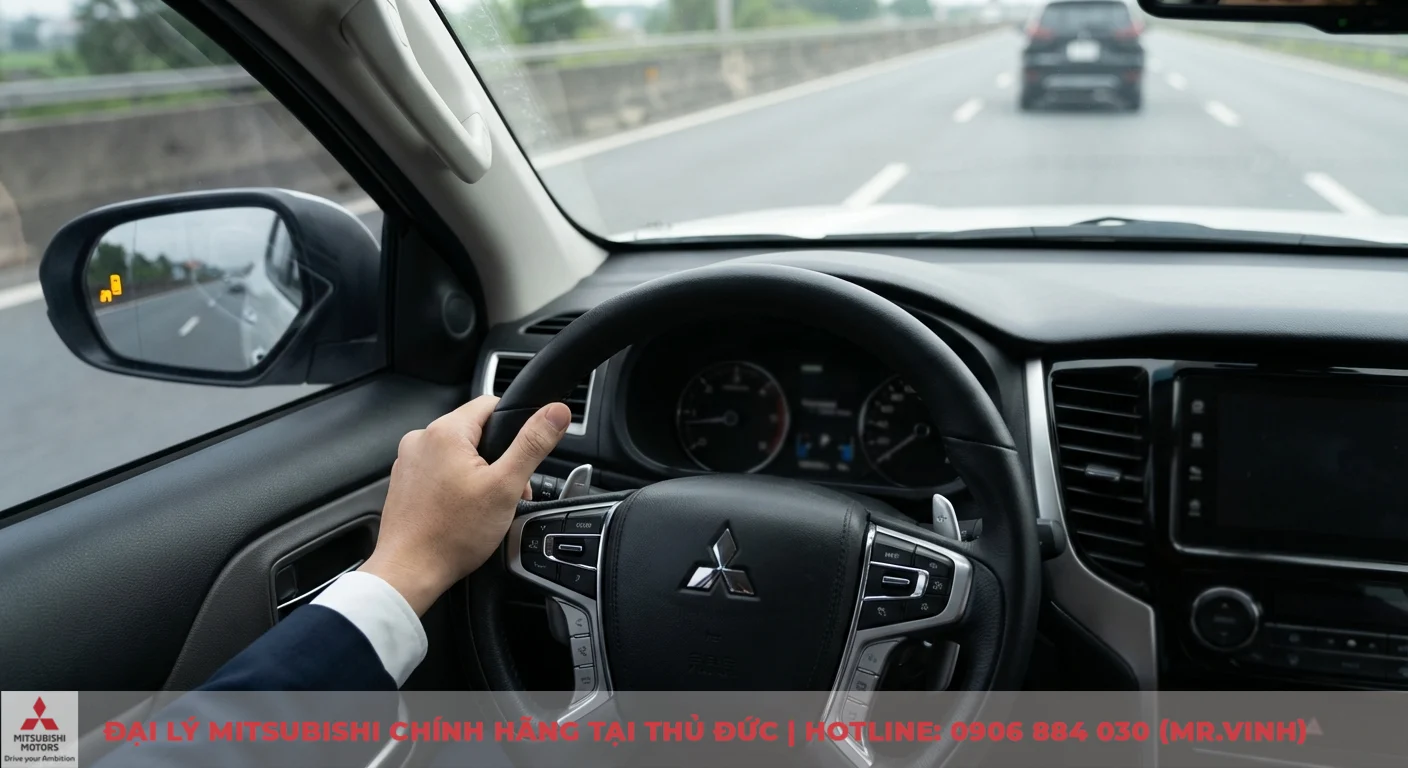 Hướng dẫn vận hành Triton 2026: Khám phá động cơ MIVEC & 4x4 3 Người lái cầm vô lăng xe Mitsubishi với các nút điều khiển ADAS trên đường cao tốc, gương chiếu hậu trái hiển thị cảnh báo điểm mù