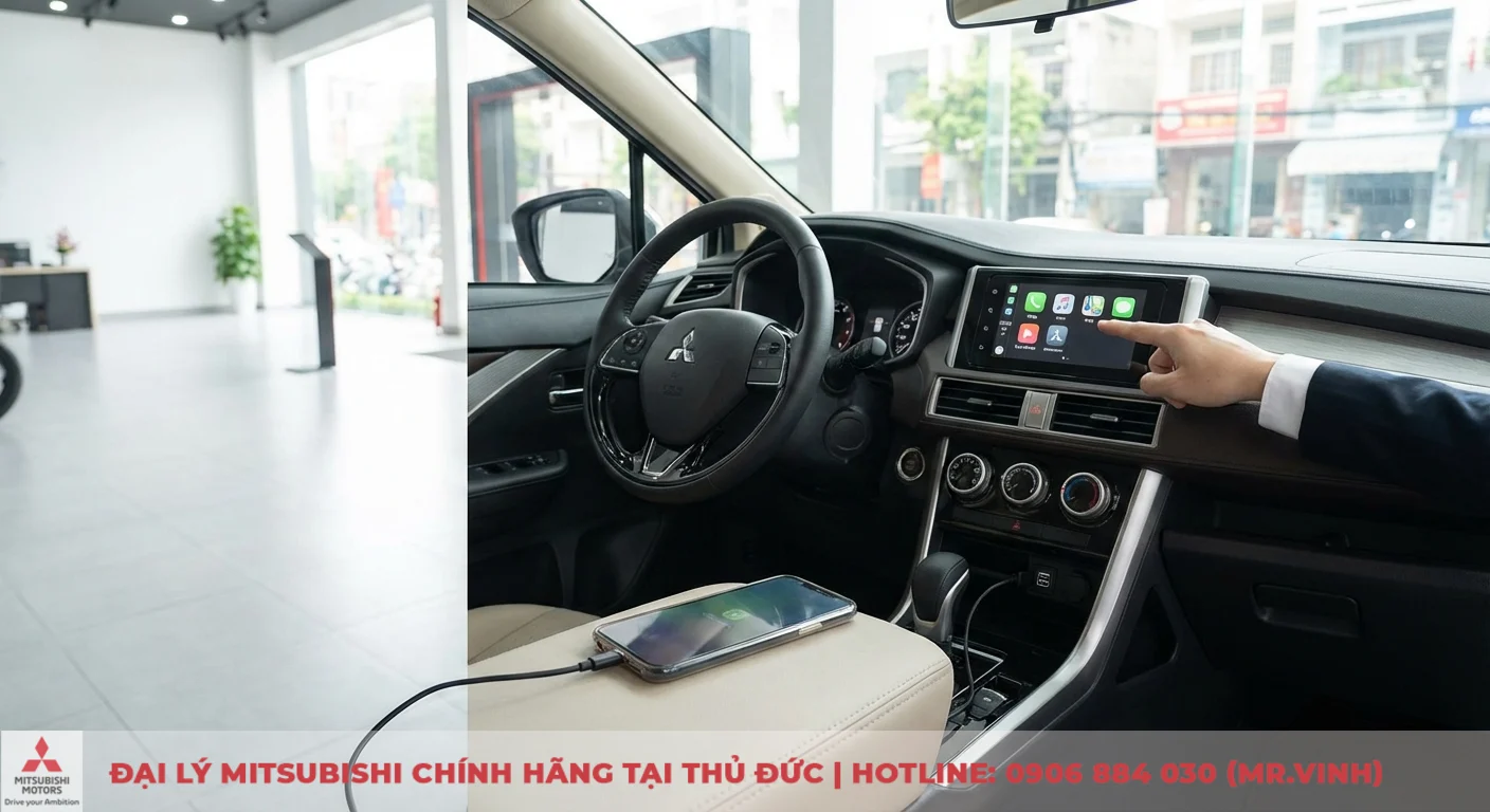 Hướng dẫn vận hành Triton 2026: Khám phá động cơ MIVEC & 4x4 4 Nội thất ô tô hiển thị màn hình thông tin giải trí với giao diện Apple CarPlay và điện thoại thông minh đang sạc qua cáp USB, tay người dùng chạm màn hình
