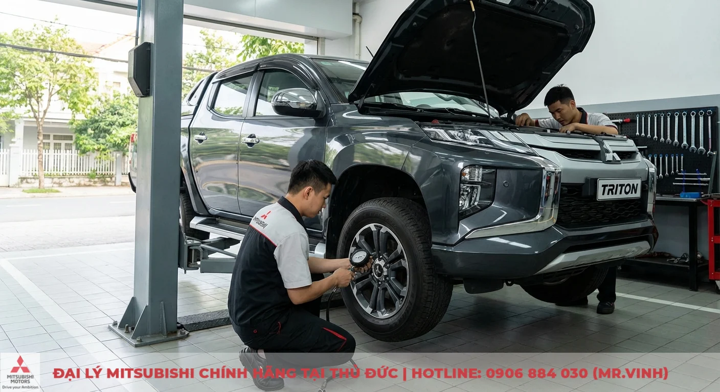 Hướng dẫn vận hành Triton 2026: Khám phá động cơ MIVEC & 4x4 5 Hai thợ sửa xe Mitsubishi kiểm tra và bảo dưỡng xe bán tải Triton màu xám trong xưởng, một người kiểm tra áp suất lốp, người kia kiểm tra động cơ