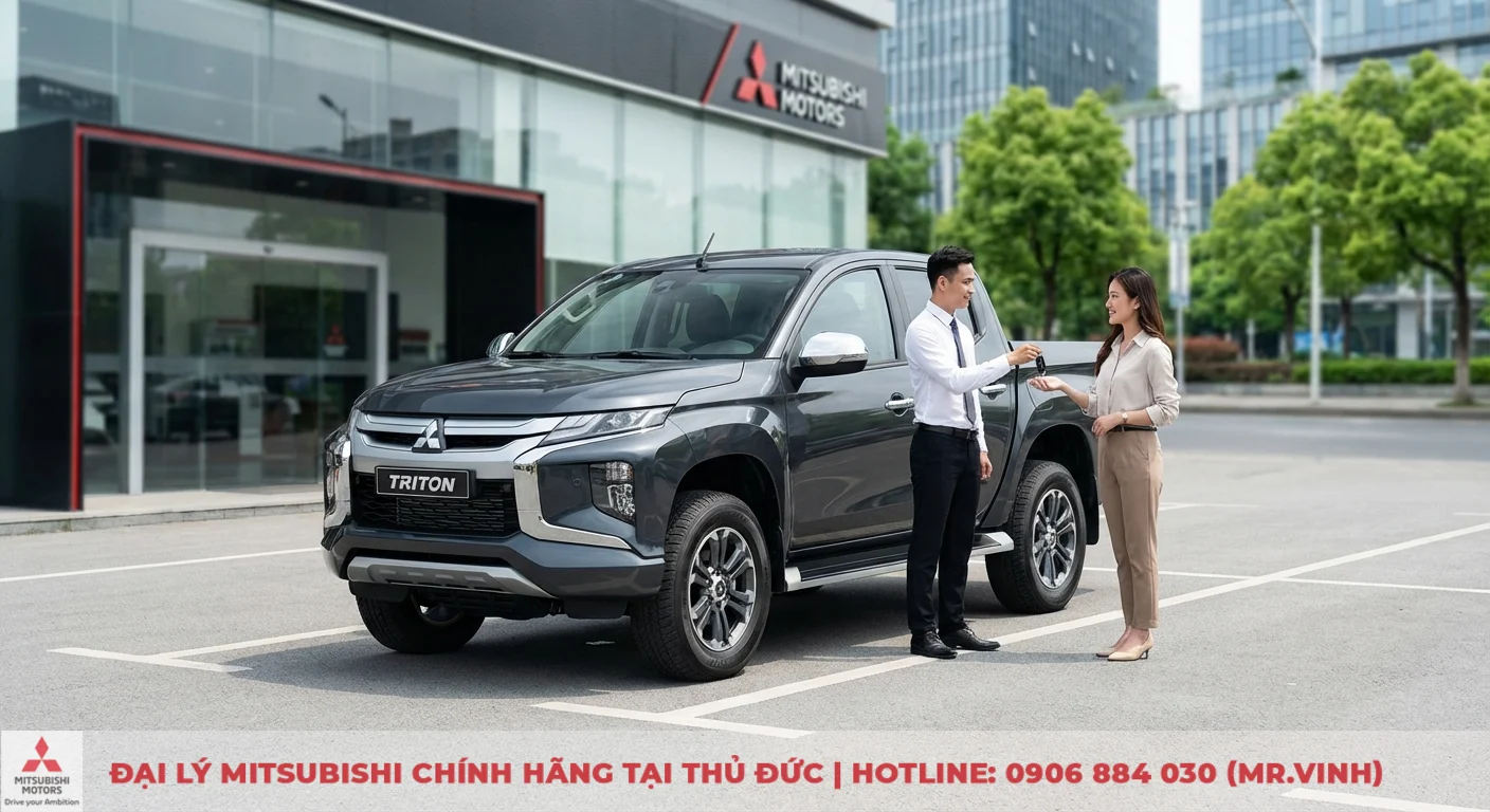 Hướng dẫn vận hành Triton 2026: Khám phá động cơ MIVEC & 4x4 6 Xe bán tải Mitsubishi Triton màu xám đỗ trước đại lý Mitsubishi Motors, người đàn ông trao chìa khóa cho phụ nữ tại bãi đậu xe