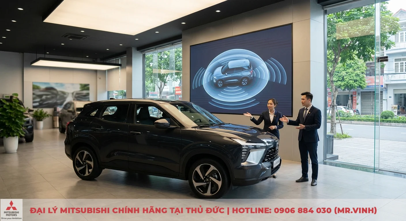 An toàn Destinator 2026: Công nghệ Mitsubishi bảo vệ bạn trên mọi hành trình 1 Một showroom ô tô hiện đại trưng bày SUV màu xám, hai nhân viên đang giới thiệu xe và màn hình lớn hiển thị công nghệ an toàn
