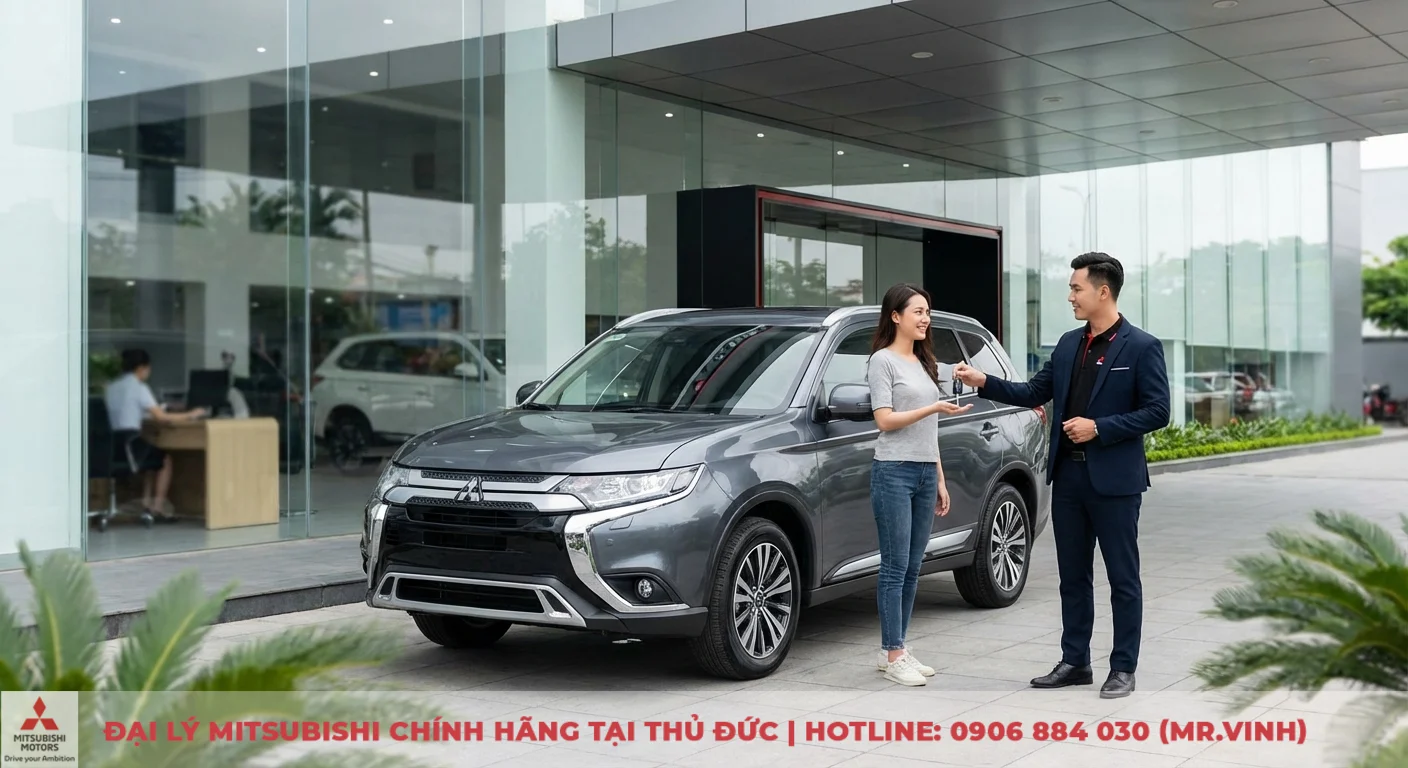 An toàn Destinator 2026: Công nghệ Mitsubishi bảo vệ bạn trên mọi hành trình 3 Tư vấn viên nam trao chìa khóa xe Mitsubishi SUV màu xám cho khách hàng nữ tại showroom ô tô kính lớn