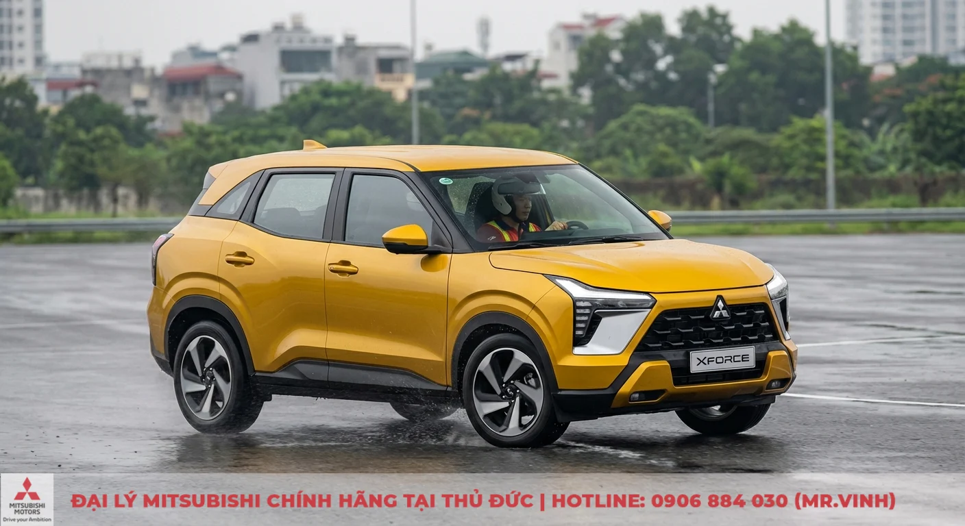 An toàn Mitsubishi XFORCE 2026: Túi khí, ADAS và bảo vệ toàn diện 3 Mitsubishi XFORCE 2026 màu vàng lái trên đường ướt, thể hiện khả năng kiểm soát lực kéo và ổn định nâng cao