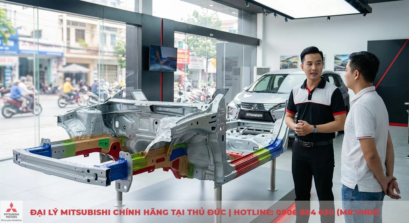 An toàn Xpander 2026: Đánh giá chi tiết các công nghệ mới 1 Triết lý an toàn Mitsubishi Xpander với khung gầm RISE, thể hiện các vùng hấp thụ và phân tán xung lực