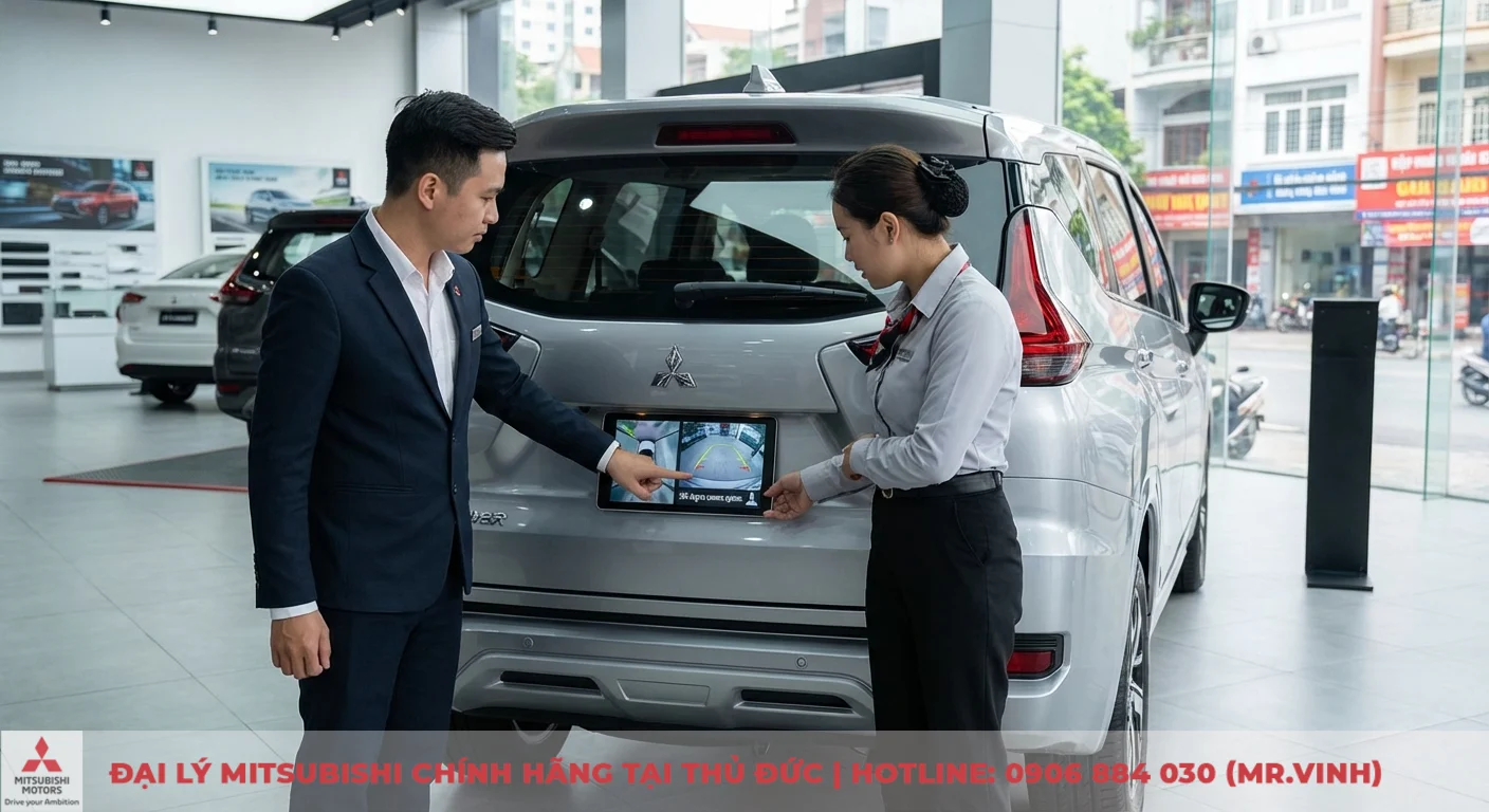 An toàn Xpander 2026: Đánh giá chi tiết các công nghệ mới 3 Tính năng hỗ trợ quan sát, đỗ xe thông minh của hệ thống ADAS trên Xpander 2026 hiển thị camera 360 độ