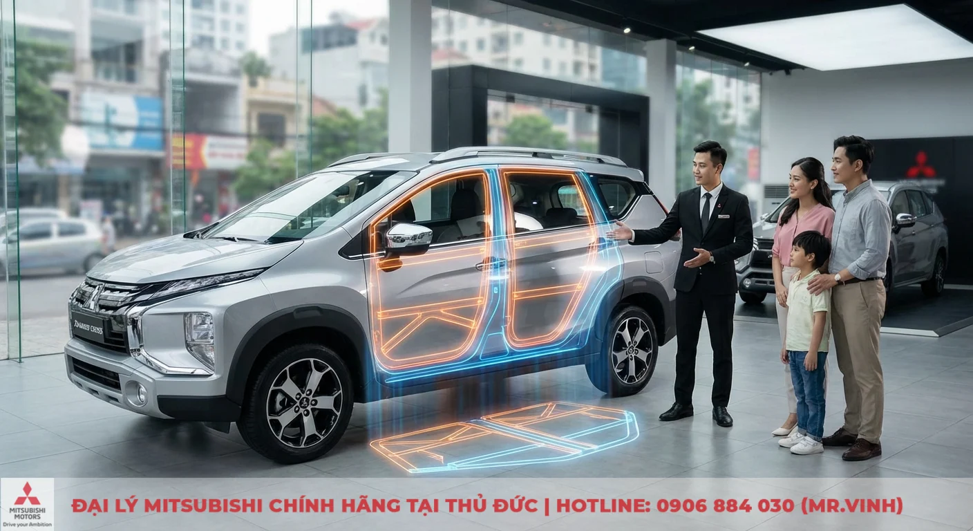 An toàn Xpander Cross 2026: Đánh giá chi tiết và dự đoán công nghệ mới 1 Mitsubishi Xpander Cross 2026 hiển thị cấu trúc khung xe RISE an toàn cho gia đình tại showroom