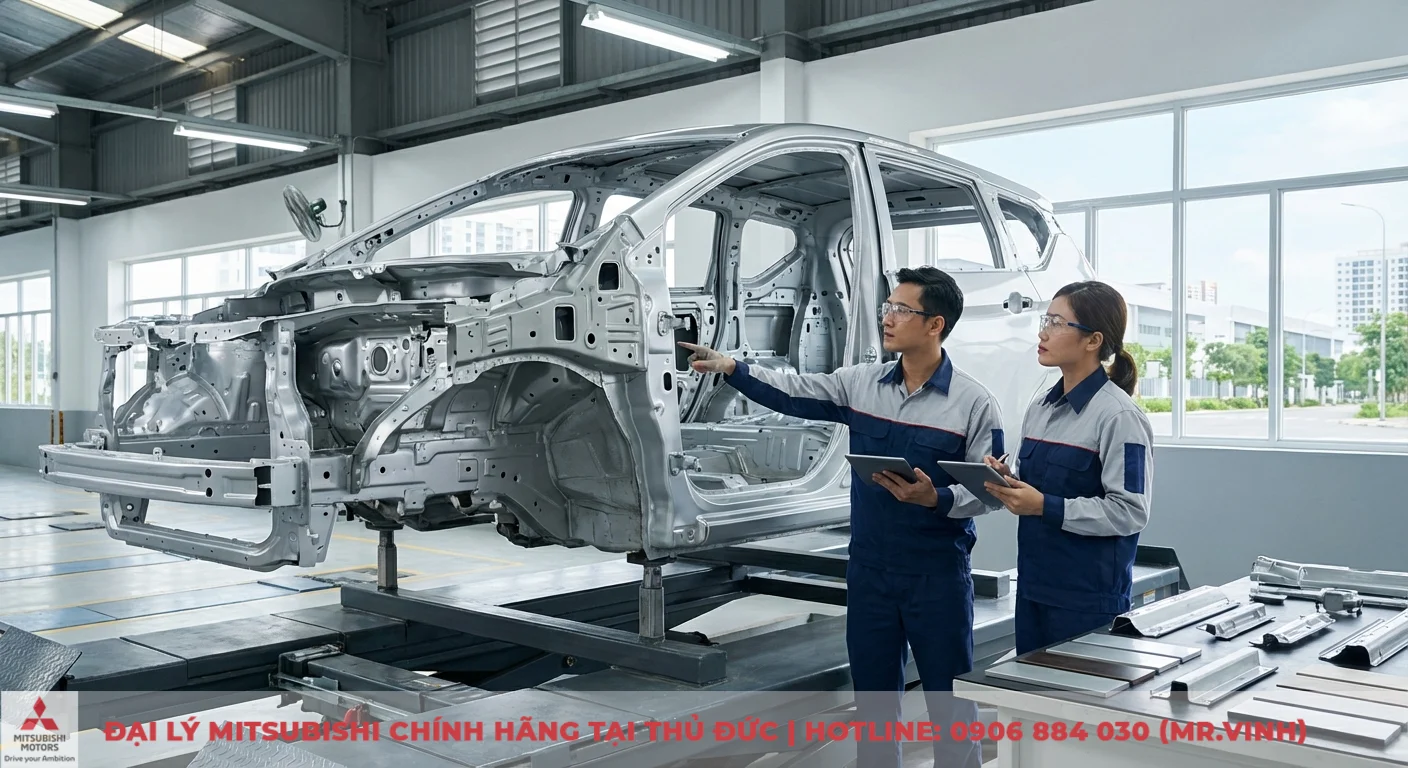 An toàn Xpander Cross 2026: Đánh giá chi tiết và dự đoán công nghệ mới 3 Kỹ sư kiểm tra cấu trúc thân xe Xpander Cross 2026, cải tiến vật liệu thép tăng cường an toàn