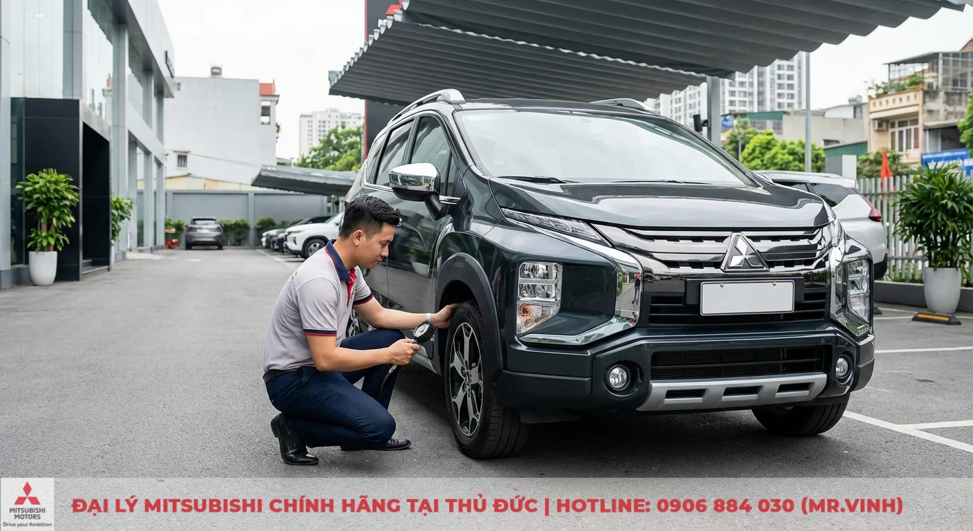 An toàn Xpander Cross 2026: Đánh giá chi tiết và dự đoán công nghệ mới 4 Kỹ thuật viên kiểm tra áp suất lốp trước của Xpander Cross 2026, đảm bảo an toàn tối ưu khi vận hành xe