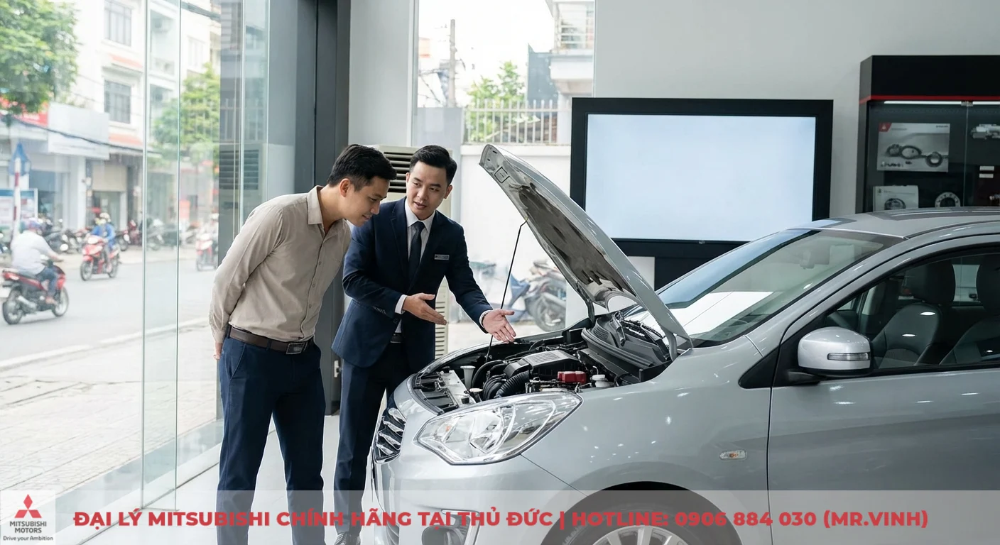 Mitsubishi Attrage 2026 có gì mới? Thông tin nâng cấp, công nghệ mới. 2 Động cơ Mitsubishi Attrage 2026 đang được nhân viên kinh doanh giải thích về hiệu suất và khả năng vận hành cho khách hàng