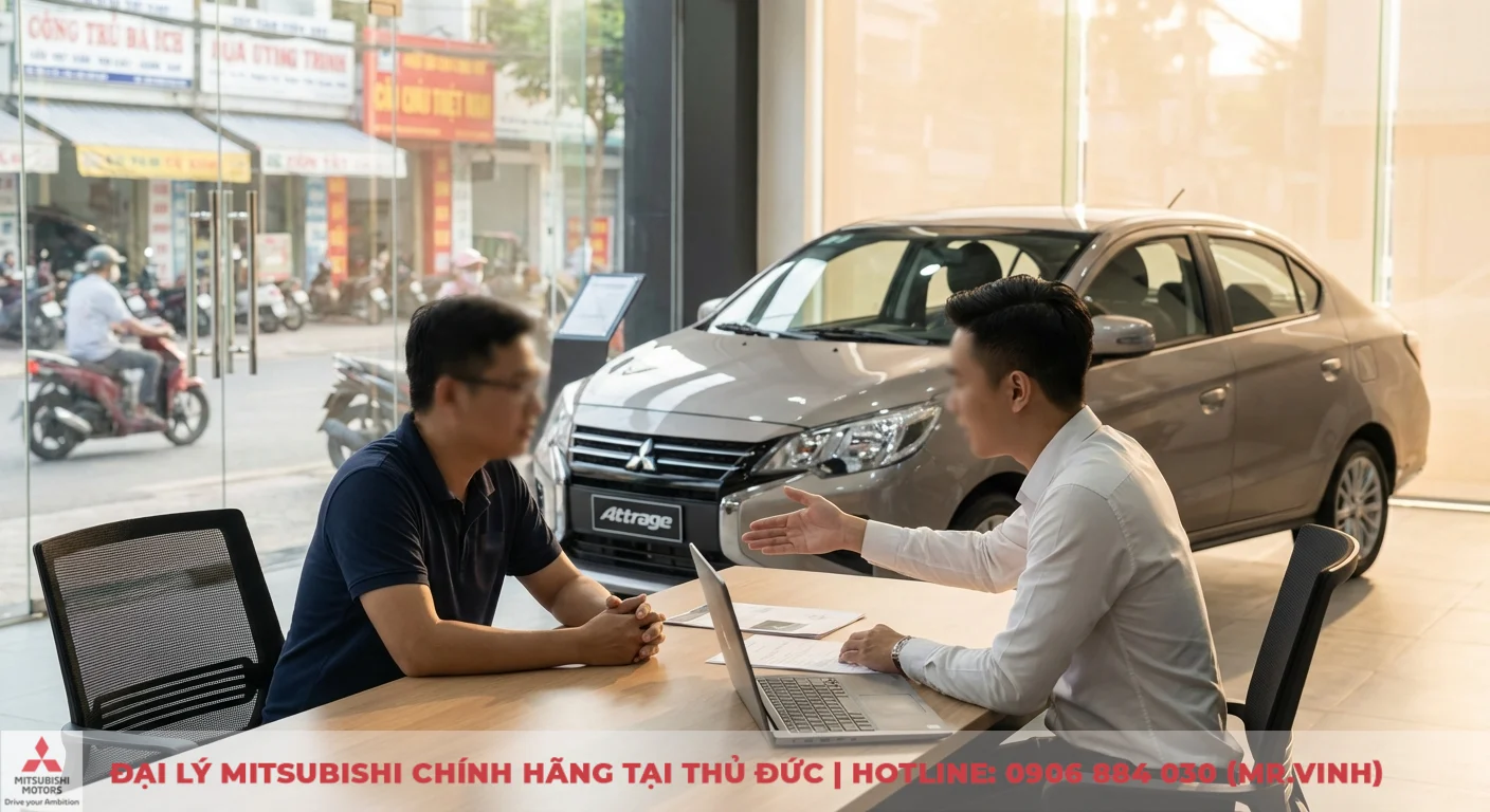 Mitsubishi Attrage 2026 có gì mới? Thông tin nâng cấp, công nghệ mới. 3 Khách hàng và nhân viên tư vấn Mitsubishi thảo luận về xe Attrage, giá bán và chương trình khuyến mãi tại đại lý