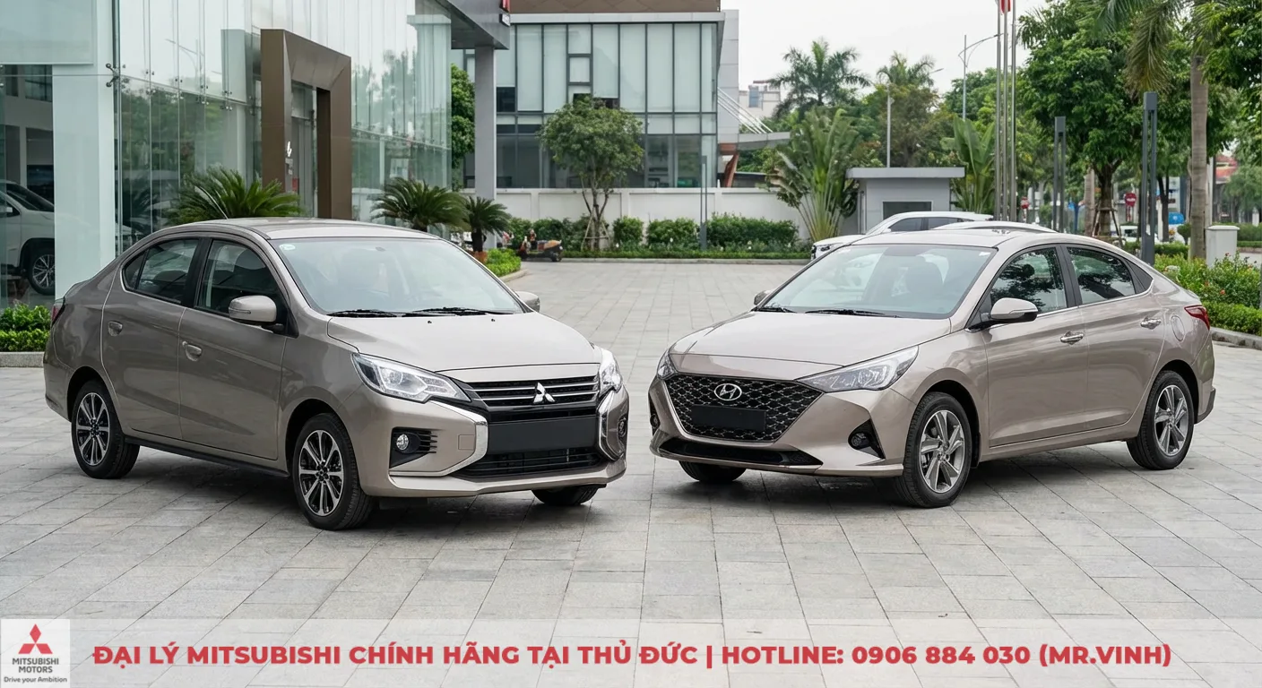 Attrage 2026 hay Accent: So sánh dự đoán, giá & chọn xe đáng mua 2 Ngoại thất Attrage (dự kiến 2026) và Hyundai Accent màu be so sánh trực diện, thể hiện Attrage mạnh mẽ và Accent thể thao mềm mại