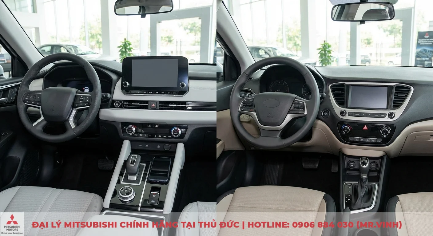 Attrage 2026 hay Accent: So sánh dự đoán, giá & chọn xe đáng mua 3 Nội thất Attrage 2026 hiện đại với màn hình giải trí lớn, cần số điện tử, so sánh cùng nội thất Hyundai Accent tiện nghi truyền thống
