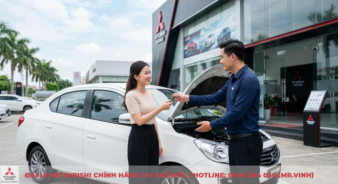 Attrage 2026 hay Accent: So sánh dự đoán, giá & chọn xe đáng mua 4 Nhân viên bàn giao chìa khóa xe Attrage trắng, với capo mở, cho khách trải nghiệm động cơ MIVEC và vận hành tiết kiệm nhiên liệu