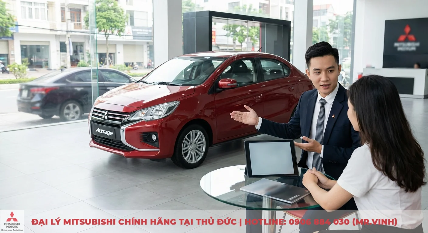Attrage 2026 hay Accent: So sánh dự đoán, giá & chọn xe đáng mua 5 Người tư vấn trình bày tính năng an toàn Attrage 2026 cho khách hàng, xe Accent ở ngoài showroom