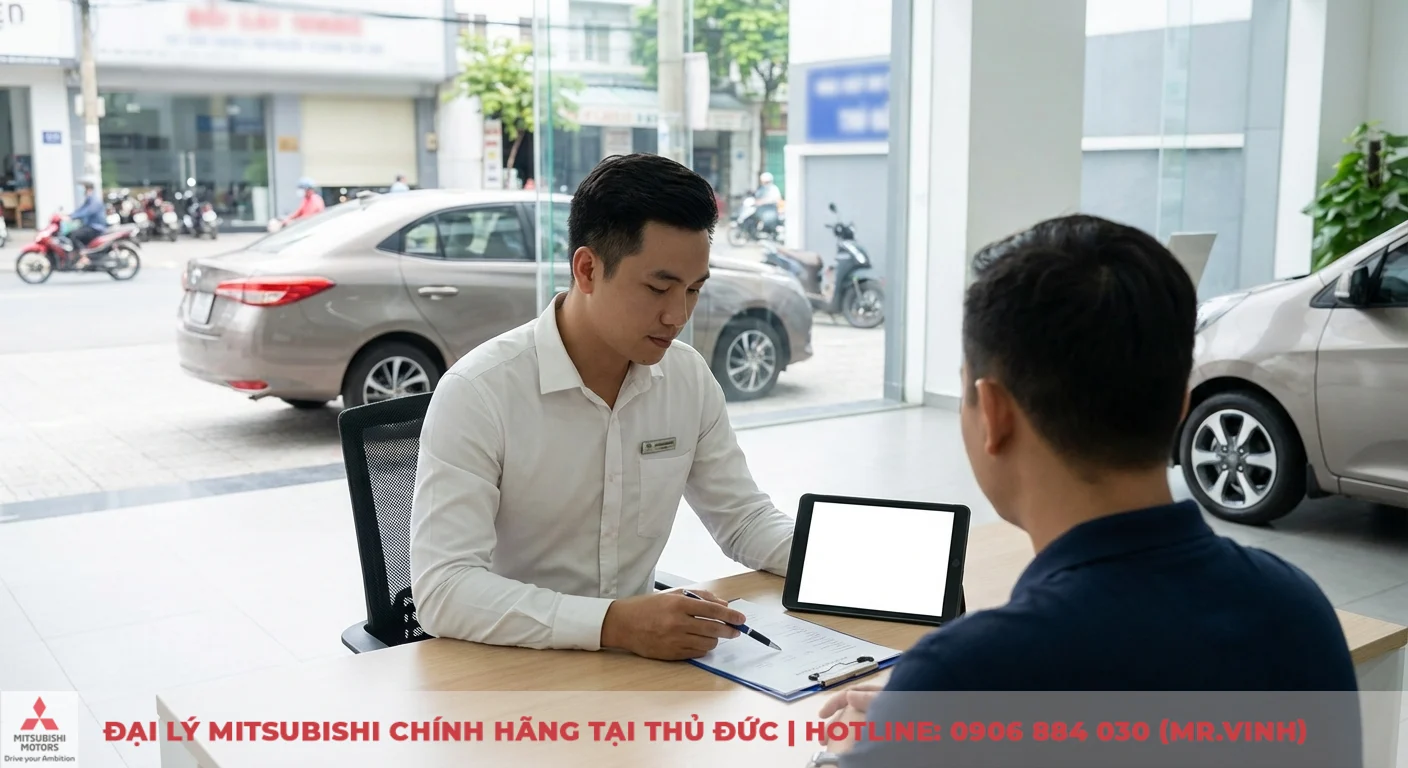 Attrage 2026 hay Accent: So sánh dự đoán, giá & chọn xe đáng mua 6 Nhân viên tại showroom ô tô đang tư vấn chi tiết về giá lăn bánh và chi phí sở hữu dự kiến cho khách hàng