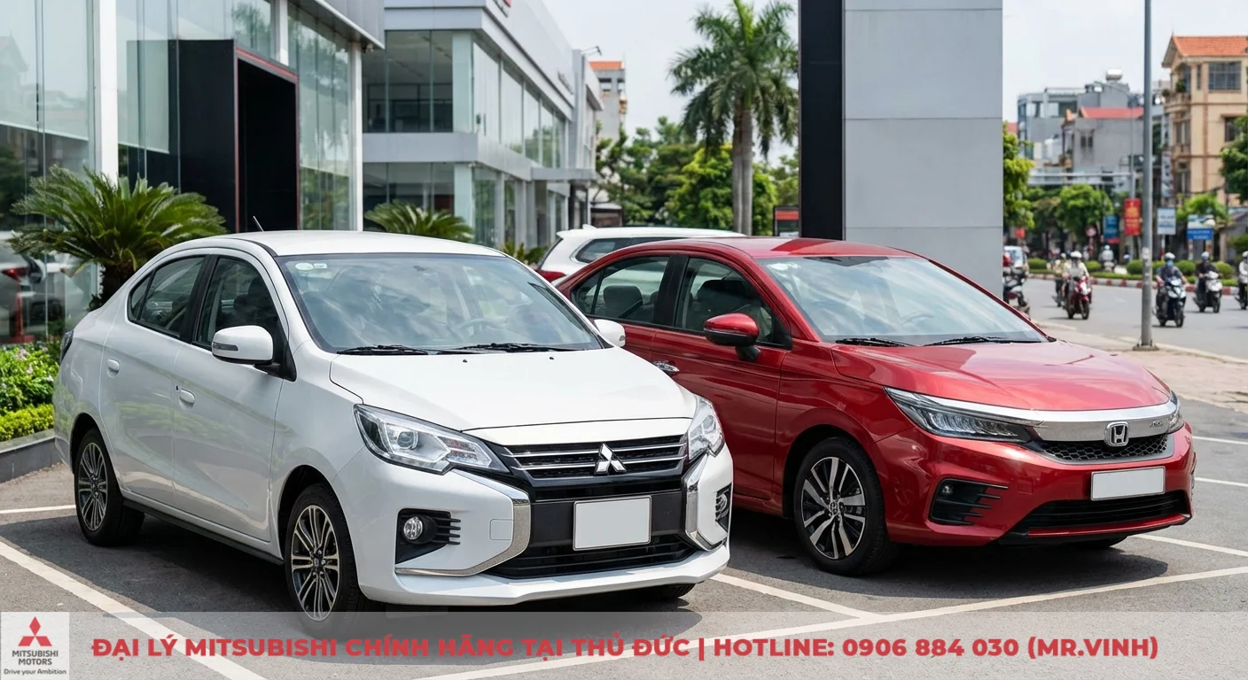 Mitsubishi Attrage 2026 và Honda City: So sánh chi tiết, chọn xe nào? 1 Mitsubishi Attrage trắng và Honda City đỏ đậu cạnh, tổng quan phong cách thiết kế và định vị thị trường