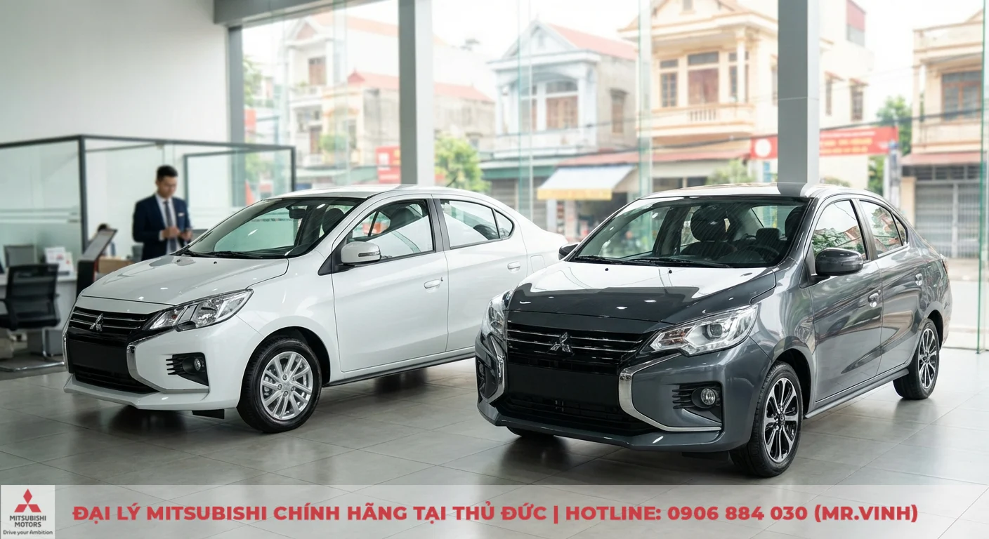 Mitsubishi Attrage 2026 và Honda City: So sánh chi tiết, chọn xe nào? 2 So sánh phong cách ngoại thất Attrage hiện đại, năng động qua hai phiên bản màu trắng và xám trưng bày